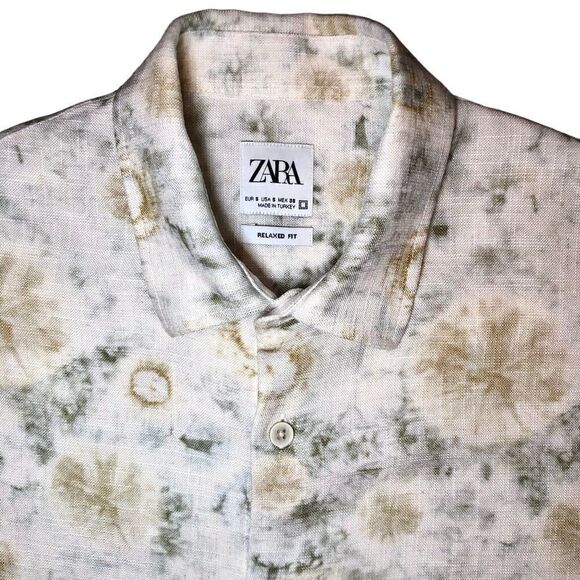 Zara Relaxed Fit Abstract Floral Shirt Sleeve Shirt in Pale Golds/Green Men’s S - Picture 2 of 6